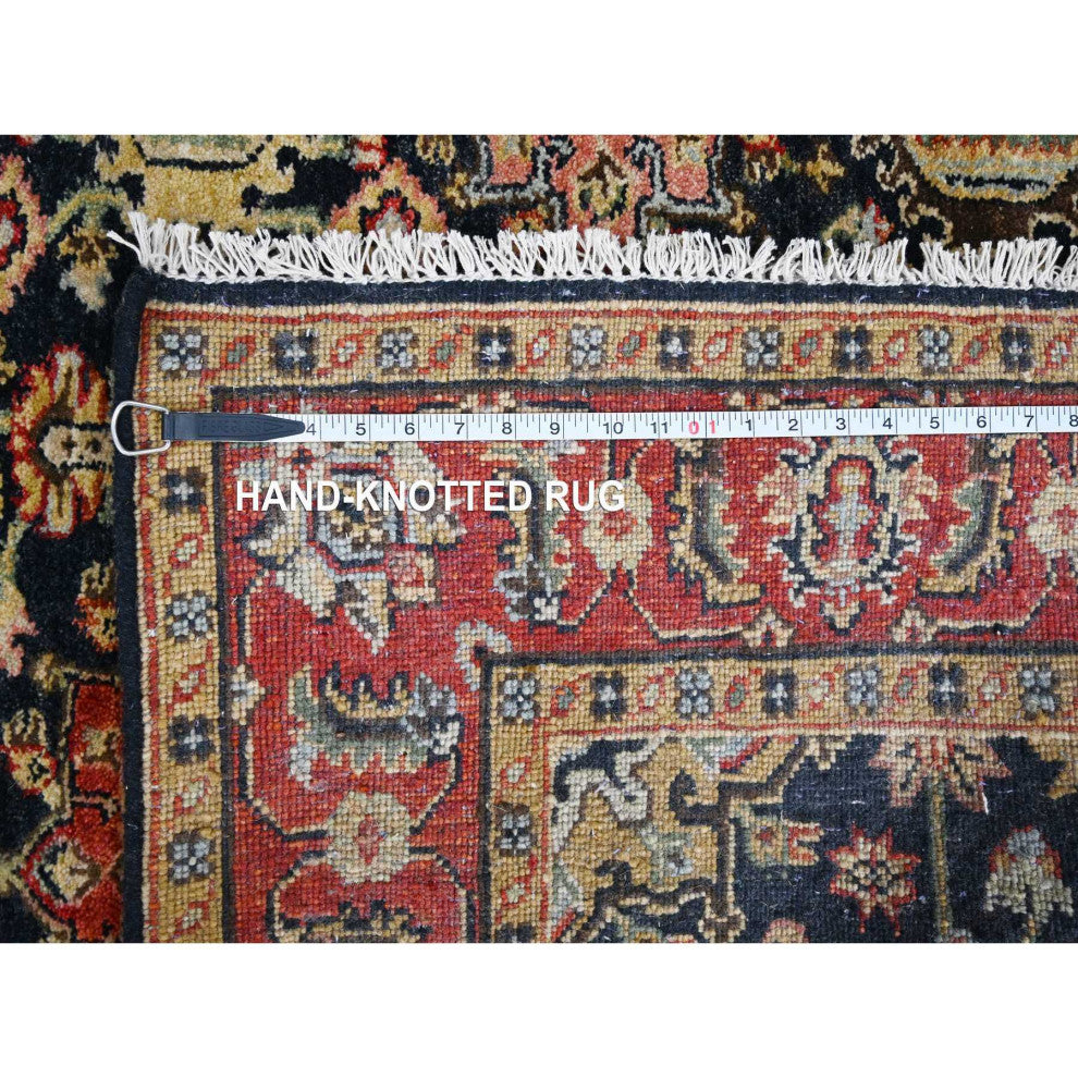 Black With Red Karajeh Design Hand Knotted Wool Oriental Rug, 4'2"x6'