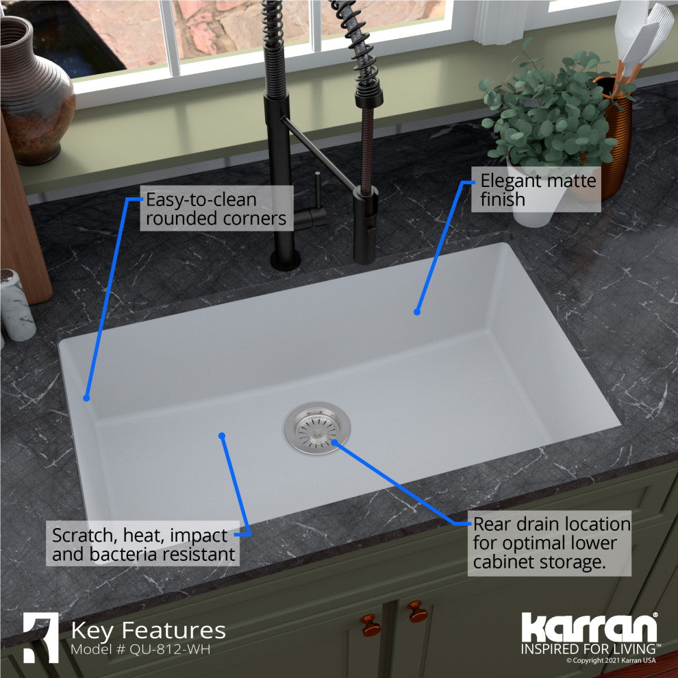 Karran QU-812 Undermount 32.5" Large Single Bowl Quartz Sink Kit, White
