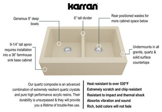 Karran Farmhouse Apron Front Quartz 34" Double Bowl Kitchen Sink, Bisque