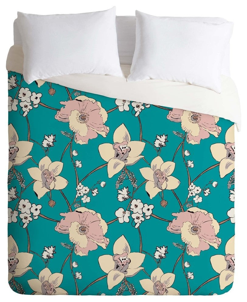 Deny Designs Rachelle Roberts Painted Poppy In Turquoise Duvet Cover - Lightweig
