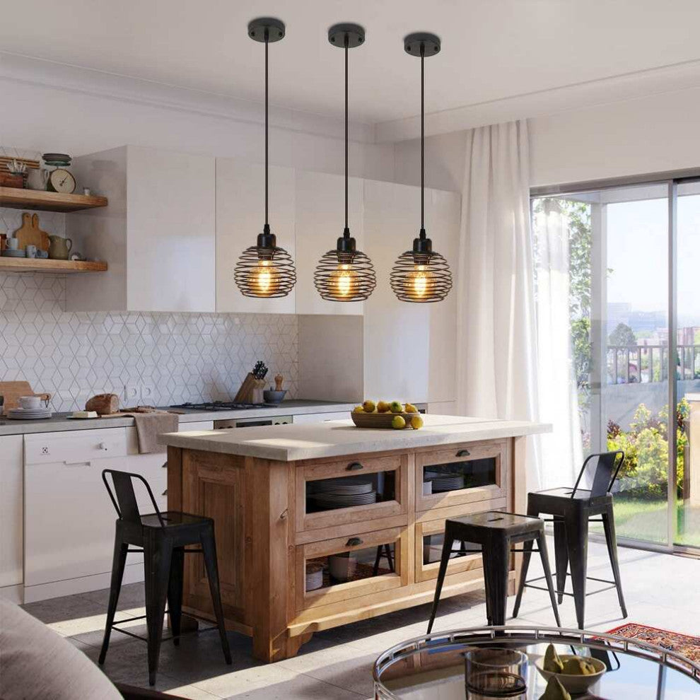 Industrial Hanging Ceiling Light Over Island Cage Black Pendant Light Fixture