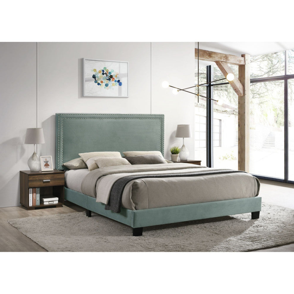 Picket House Furnishings Emery Upholstered Queen Bed With 2 Nightstands in Green
