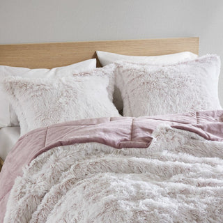 Malea Shaggy Faux Fur Comforter Mini Set in Pink/White Color