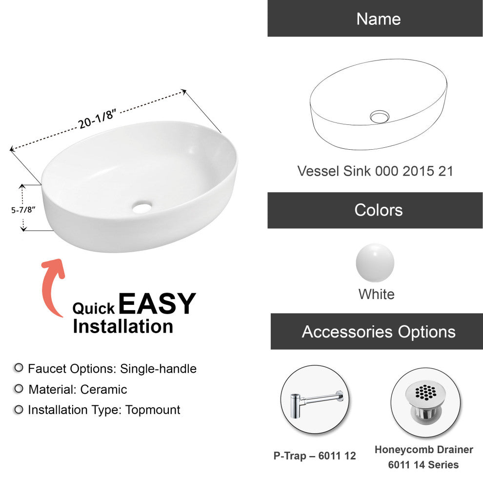 Dowell Ceramic Vessel Sink, Gloss White, Oval