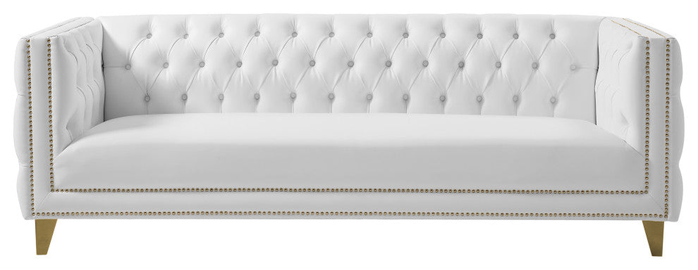 Michelle Fabric Upholstered Chair, Gold Iron Legs, White, Vegan Leather, Sofa