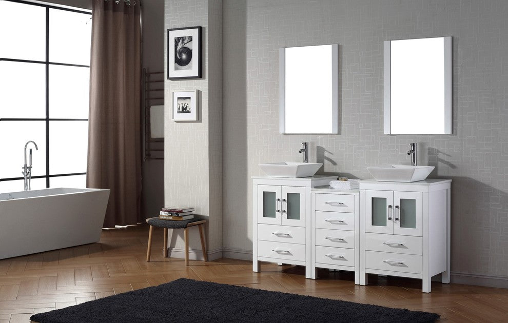 Dior 66" Double Bathroom Vanity, White With White Engineered Stones