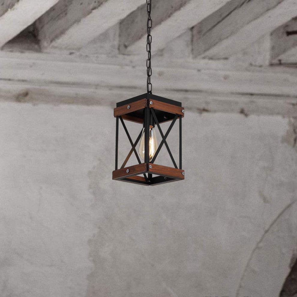 Farmhouse Square Wood Pendant Lighting for Kitchen Island Black Cage
