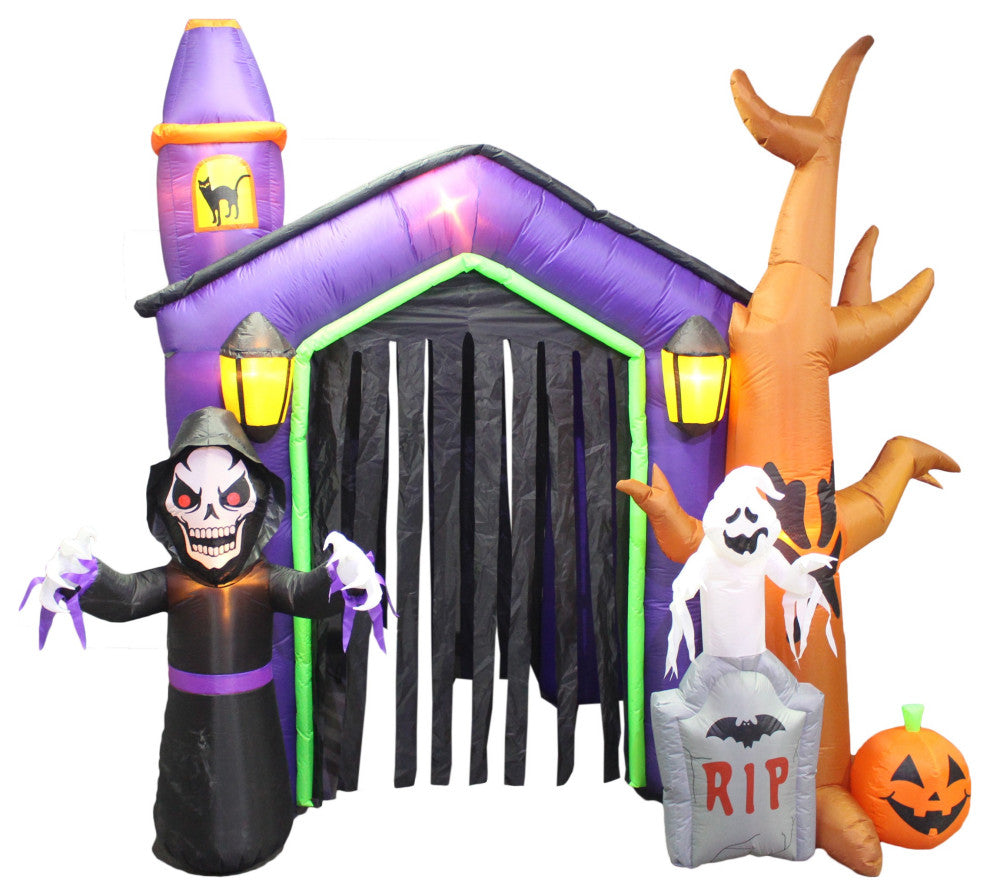 8.5' Tall Halloween Inflatable Haunted House Skeleton Ghost and Tombstone