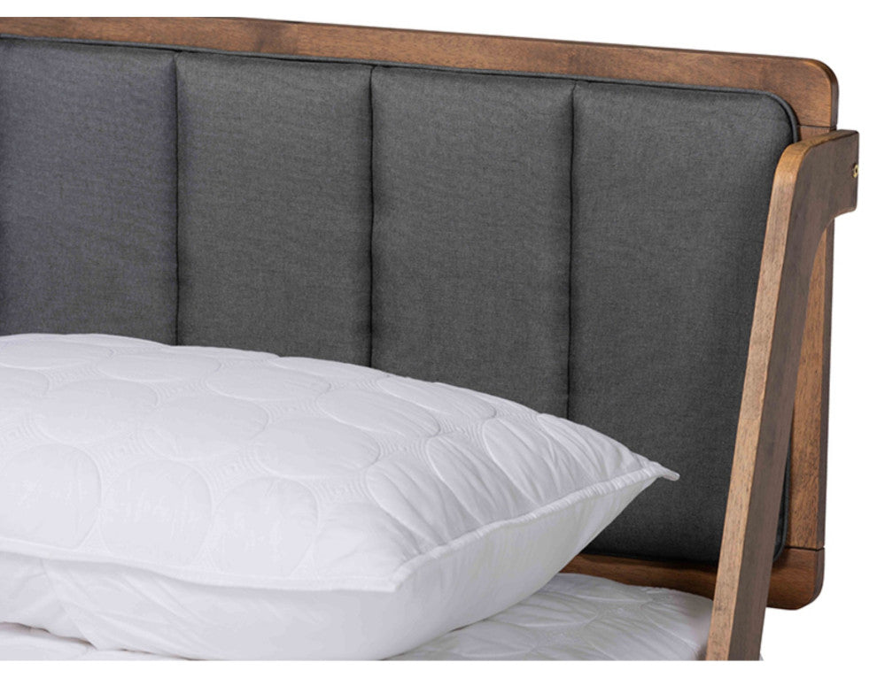 Helsa Dark Gray Fabric Upholstered And Walnut Finished Queen Size Platform Bed