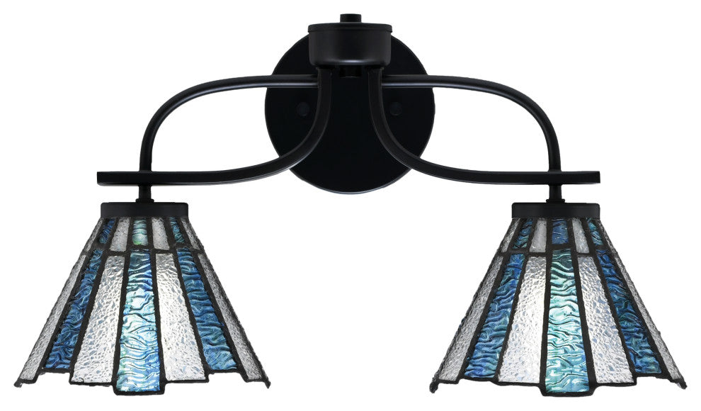 Cavella 2 Light Bath Bar In Matte Black Finish, 7" Sea Ice Art Glass