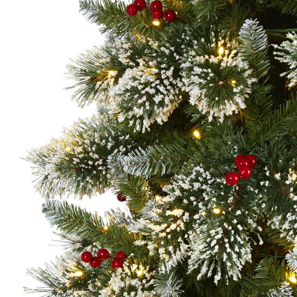 9' Frosted Swiss Pine Faux Christmas Tree With 700 Clear LED Lights and Berries