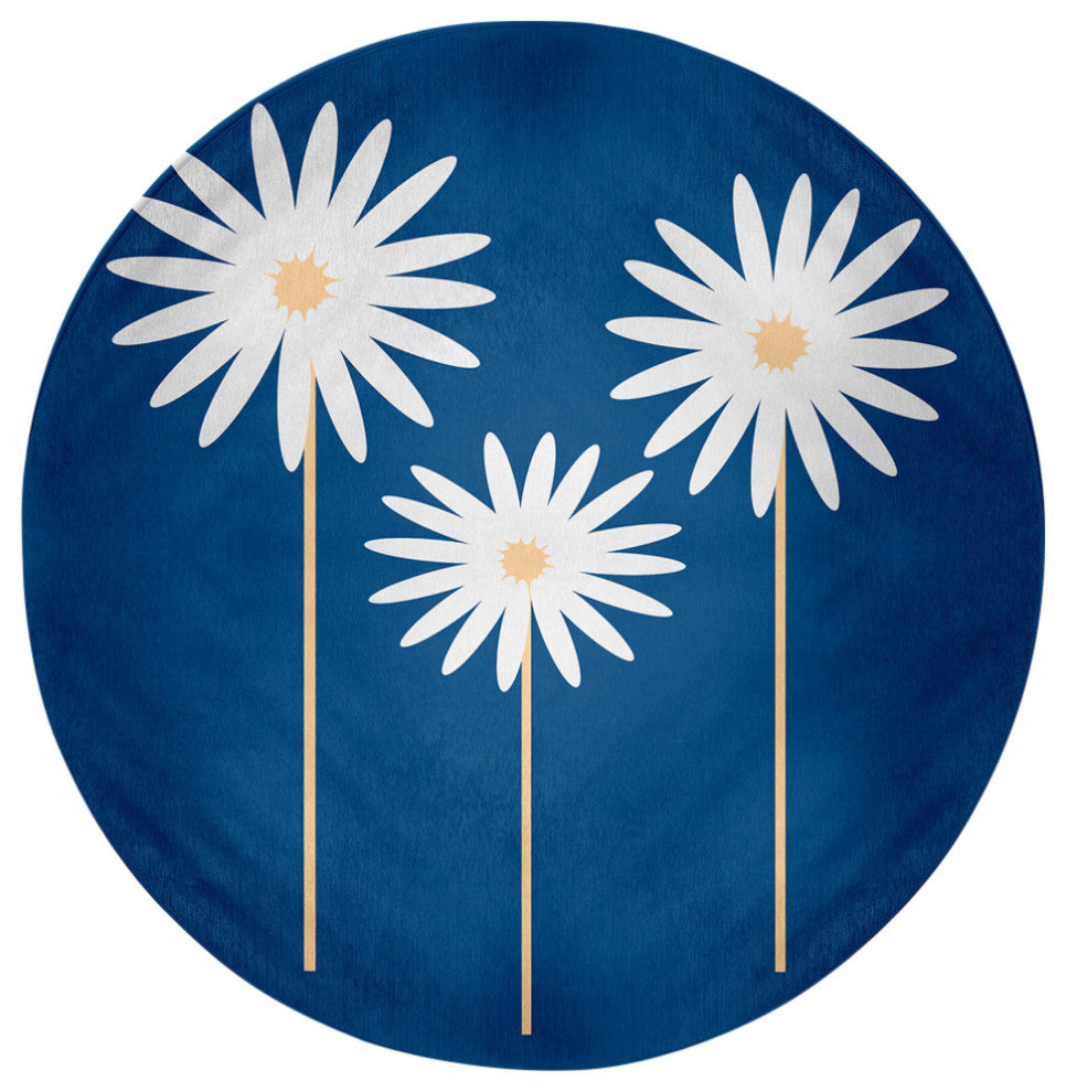 Floral Print Spring Chenille Rug, Dark Cobalt Blue, 5'' Round