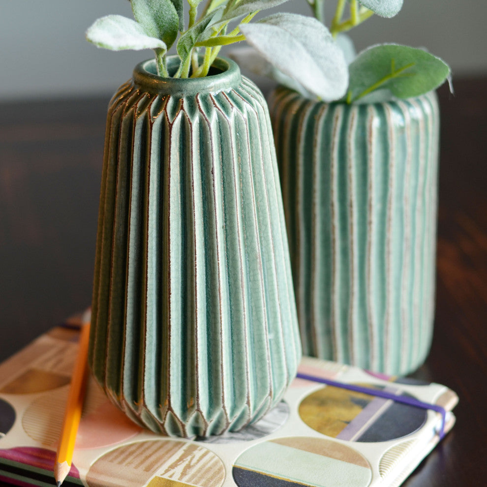 2 Piece Pastel Green Stoneware Table Vase Set
