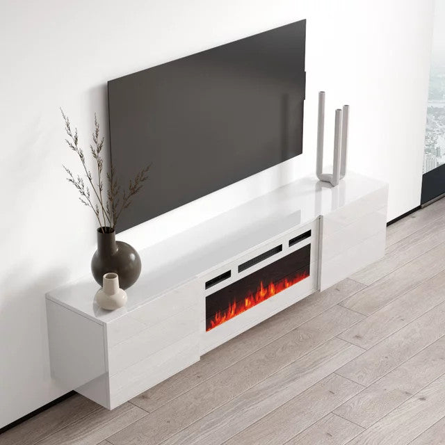 72" High Gloss Floating Fireplace TV Stand, Modern Wall-Mounted Design, White