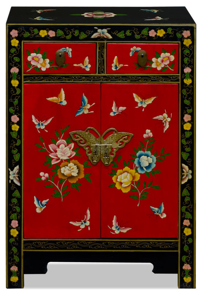 Red and Black Hand Painted Elmwood Butterfly Motif Oriental Cabinet