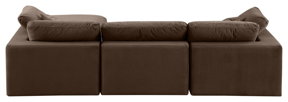 Comfy Upholstered L-Shaped Modular Sectional, Brown, 4-Piece: 1 Armless Chair, 2 Corner Chair, 1 Ottoman, Velvet