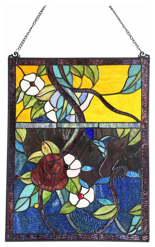 Chloe Lighting Rose Floral-Style Black Finish StainedGlass Window Panel 24" Tall