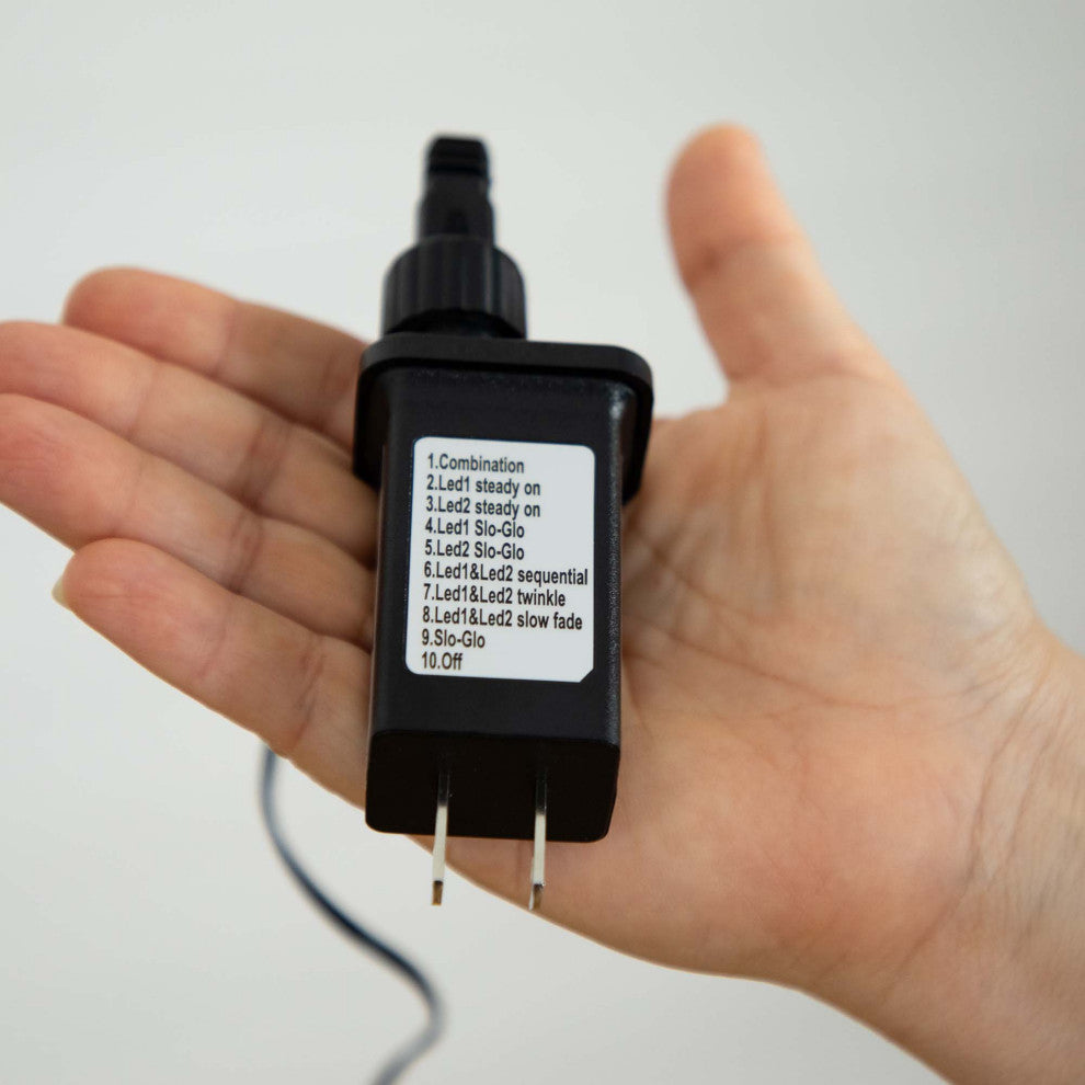 On-device label with text outlining features; infographic style.