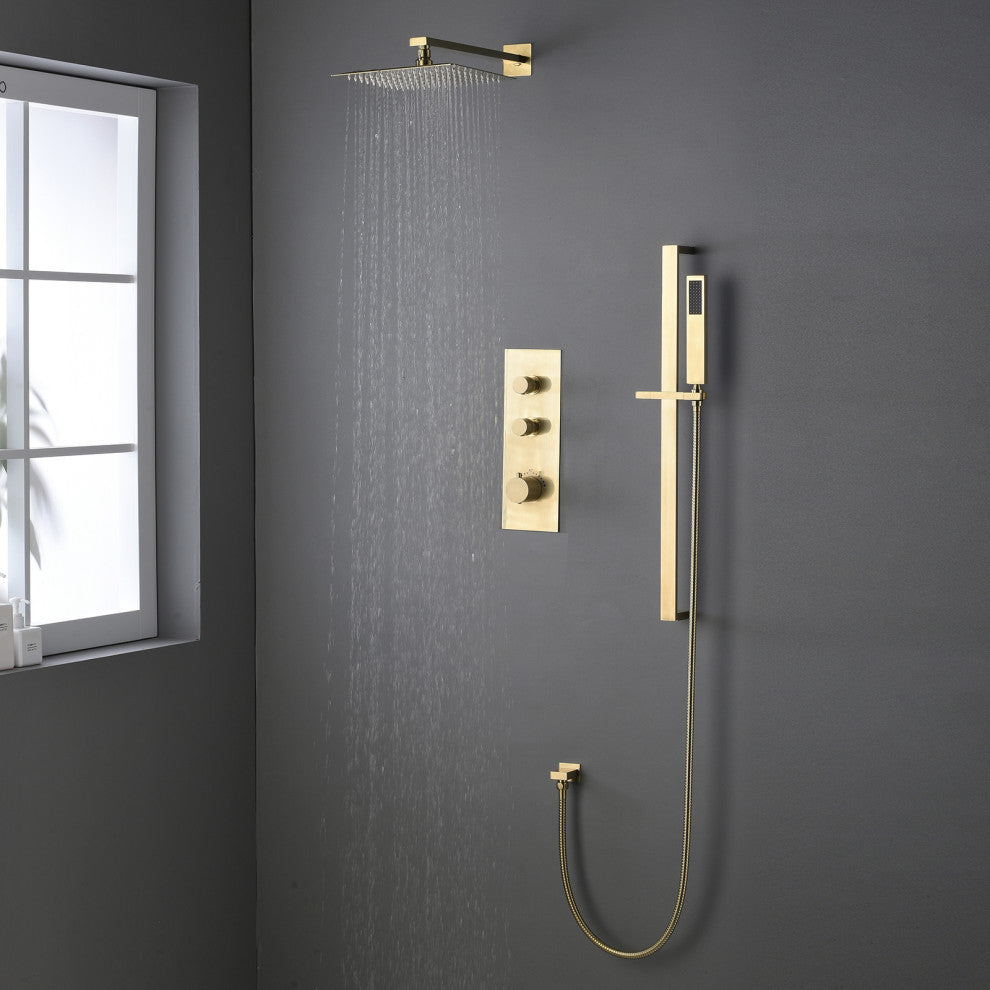 Thermostatic Rain Shower System with Hand Shower-Includes Rough-in Valve, Brushed Gold