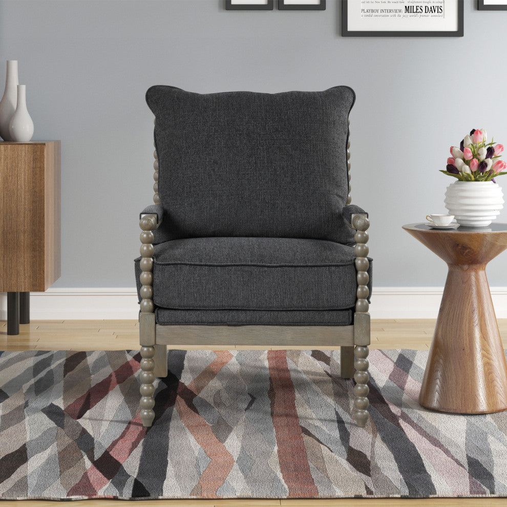 Hanako Transitional Accent Chair with Cushioned Wooden Arms, Charcoal/Antique Grey