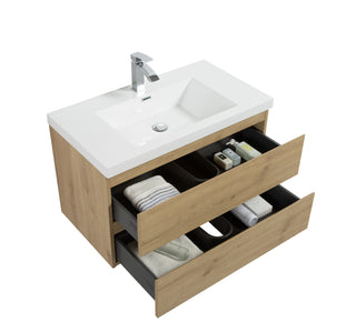 Alma-Pre Wall Mount Vanity With White Sink, Natural Oak, 36"
