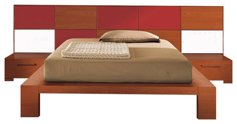 Wynd Bed With Light, Cherry Wood With Red Gloss, Queen