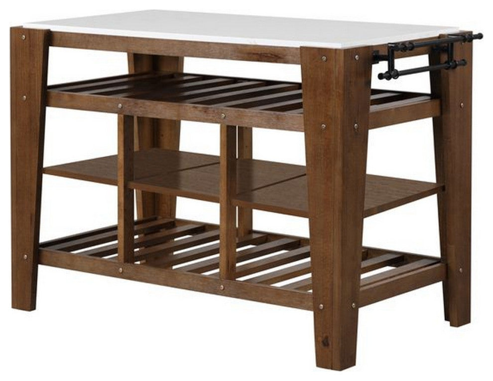 Benzara BM251153 4 Tier Kitchen Island, Slatted Shelve, Side Handle, Brown/White
