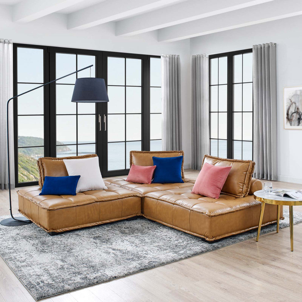 Modular Deep Tufted Sectional Sofa Set, Tan, Fabric, Modern, Lounge Hospitality