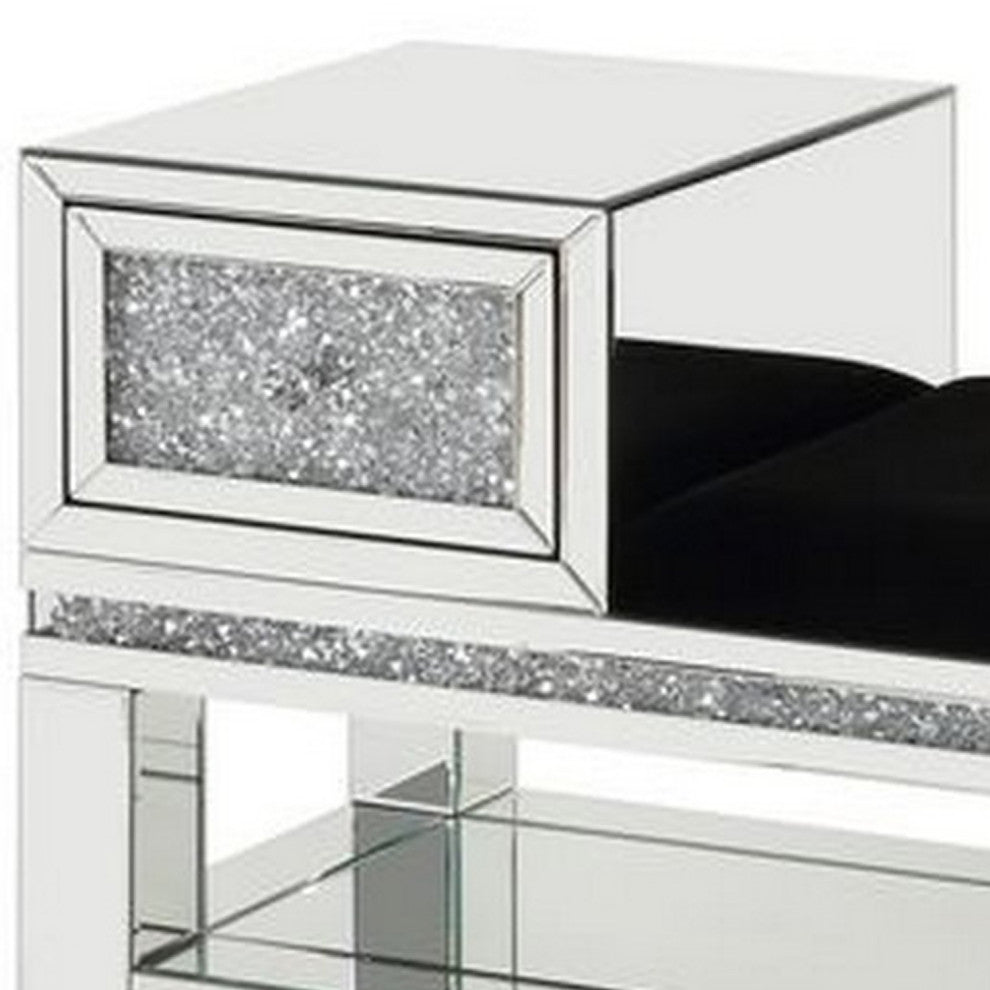 Benzara BM251186 Mirrored Storage Bench With Faux Diamonds/Open Shelf, Silver