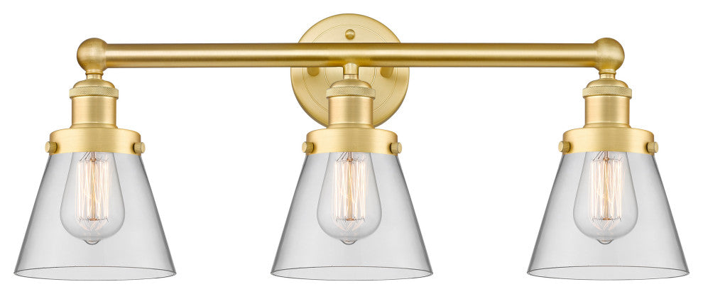 Edison Small Cone 3-Light 25" Bath Vanity Light, Satin Gold Finish, Clear Shade
