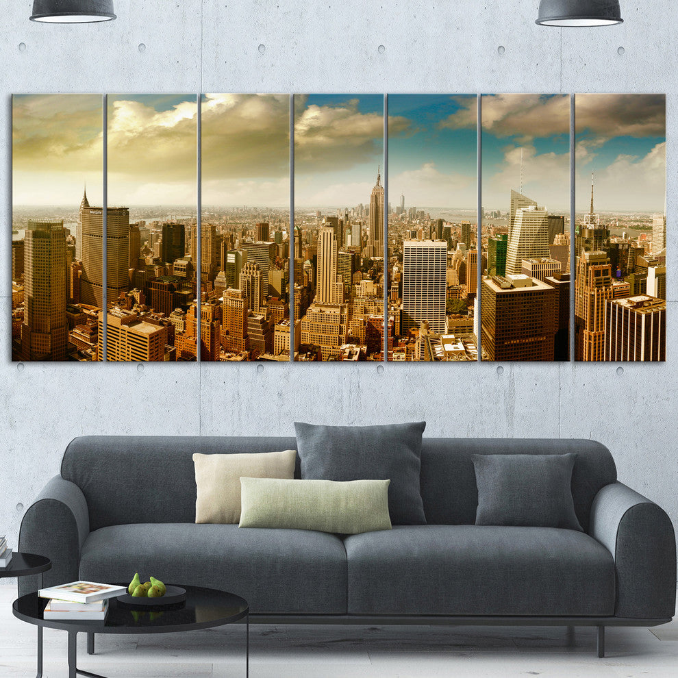 Midtown and Downtown Manhattan, Modern Cityscape Canvas Print, 83"x32", 7 Panels