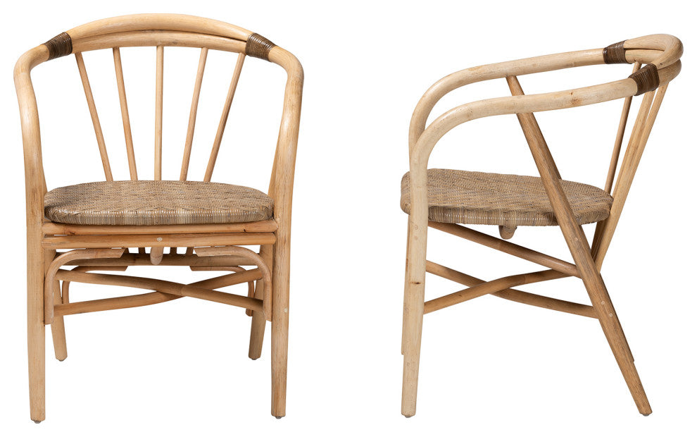Kyoto Modern Bohemian Natural Brown Rattan 2-Piece Dining Chair Set