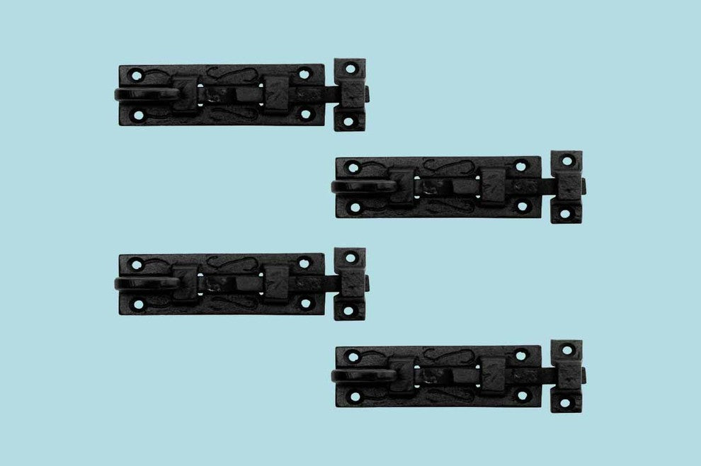 4 Piece Black Slide Bolt Wrought Iron Curled Tail Cabinet Door Renovators Supply