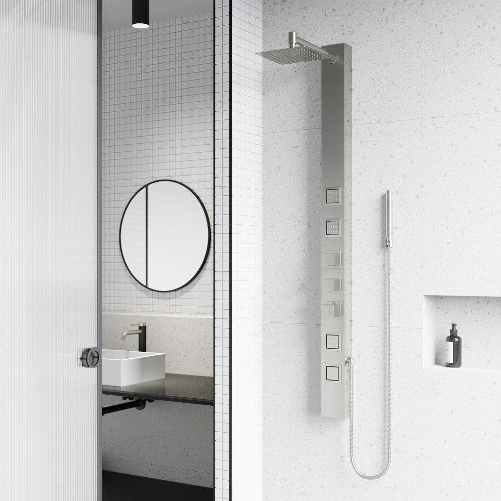 Sutton 58" H x 4" W 4-Jet Shower Panel with Square Shower Head, Stainless Steel