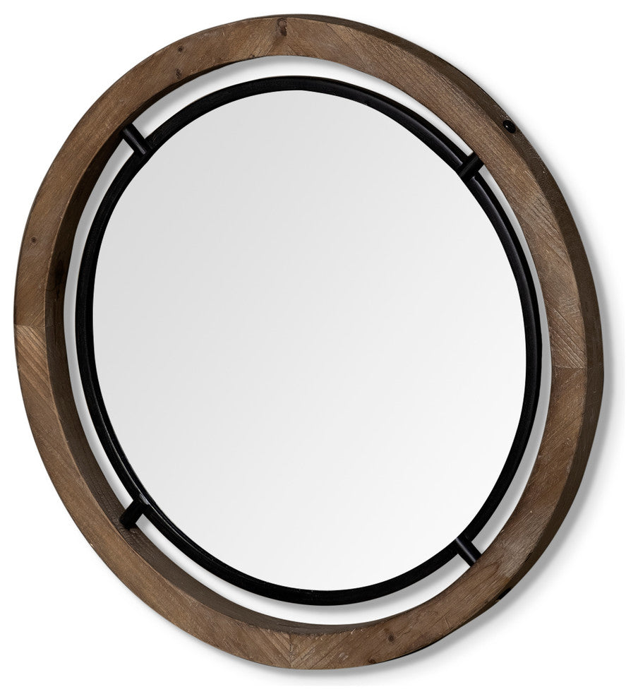Josi Brown Solid Wood And Black Metal Frame Round Mirror, 28"