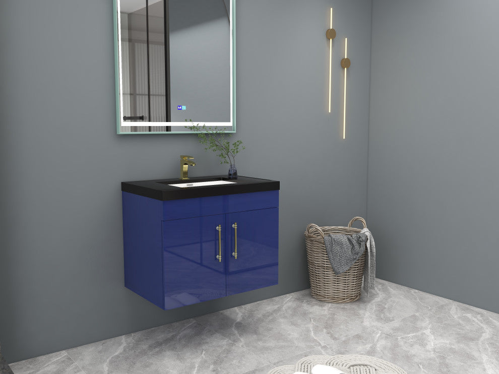 Rosa 30" Wall Mounted Modern Vanity, High Gloss Night Blue, Matt Black Top