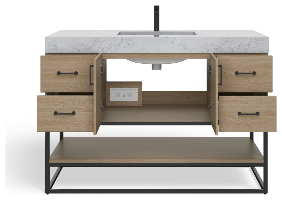 Bahia Bath Vanity, Oak, 48", Matte Black Hardware, Single, Freestanding