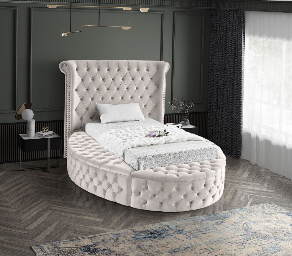 Luxus Button Tufted Velvet Round Bed, Cream, Twin
