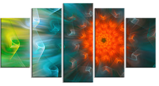 Multi Color Fractal Petals Dandelion, Floral Canvas Art Print, 60"x32", 5 Panels