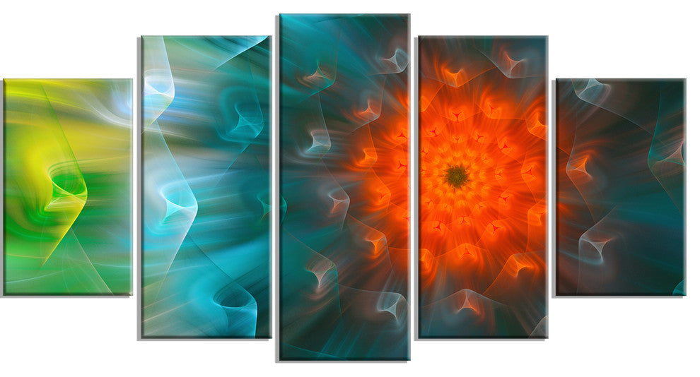 Multi Color Fractal Petals Dandelion, Floral Canvas Art Print, 60"x32", 5 Panels
