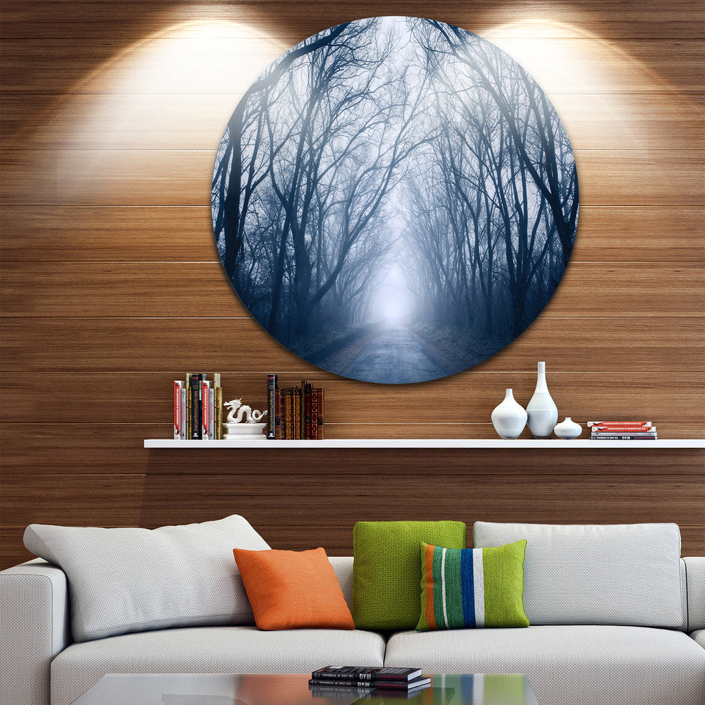 Path In Dark Autumn Forest, Landscape Photo Round Wall Art, 11"