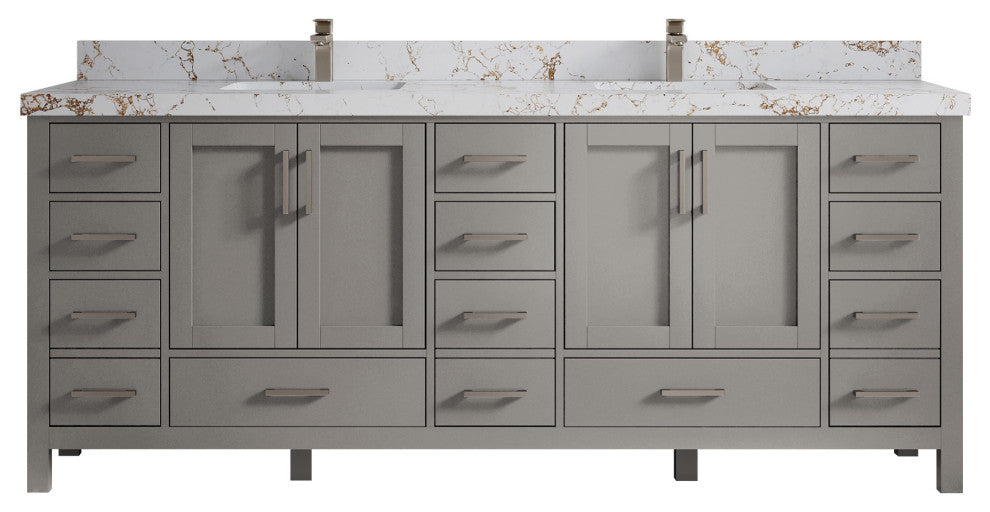 Malibu 84 Double Sink Bath Vanity in Elephant Skin Gray 2" Viola Gold