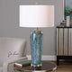 Embossed Blue Scroll Table Lamp, Ivory White Shade Ornate Romantic Gloss
