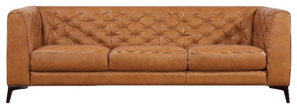 Flore Mid Century Modern Chesterfield Genuine Leather Sofa in Cognac Tan