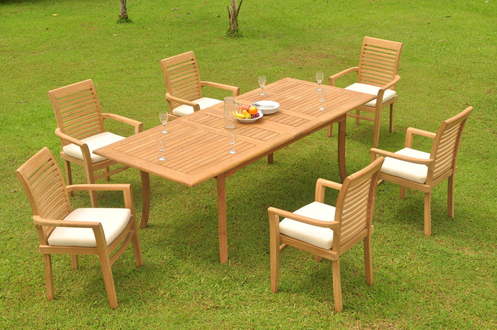 7-Piece Outdoor Teak Dining Set: 94" Rectangle Table, 6 Mas Stacking Arm Chairs