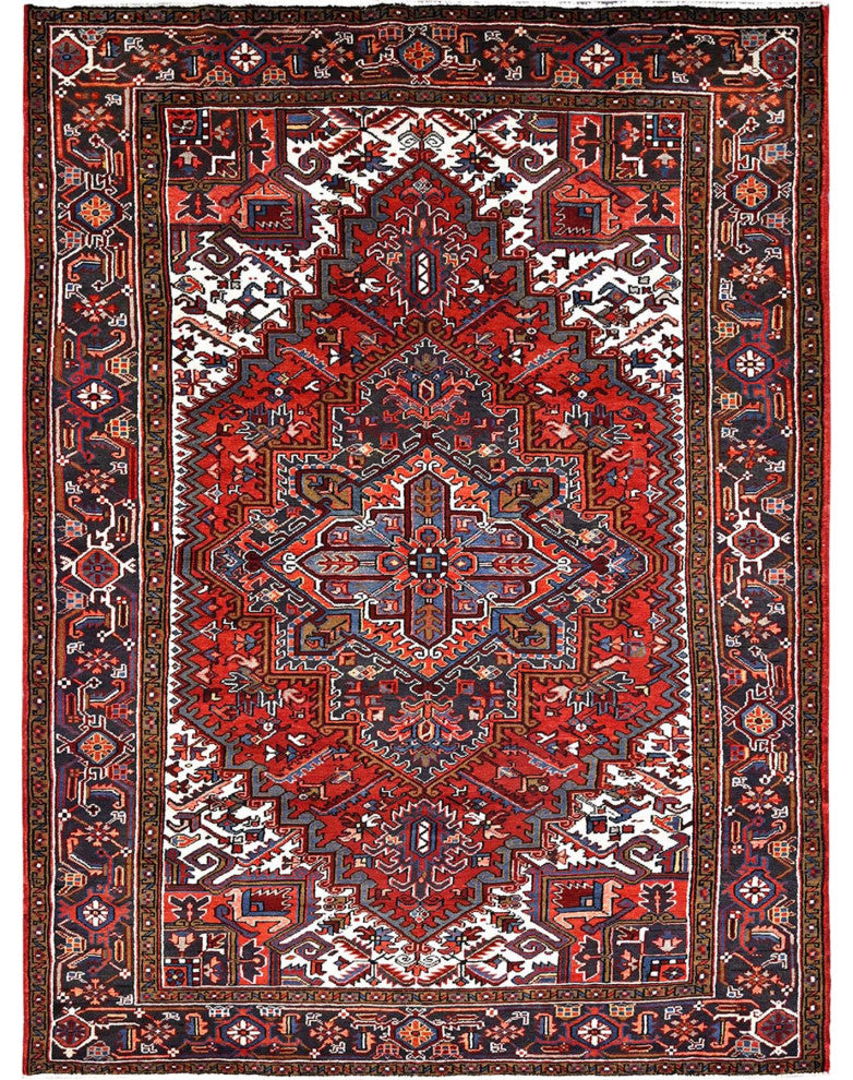 Imperial Red Semi Antique Persian Heriz Worn Wool Hand Knotted Rug 8'1"x11'1"