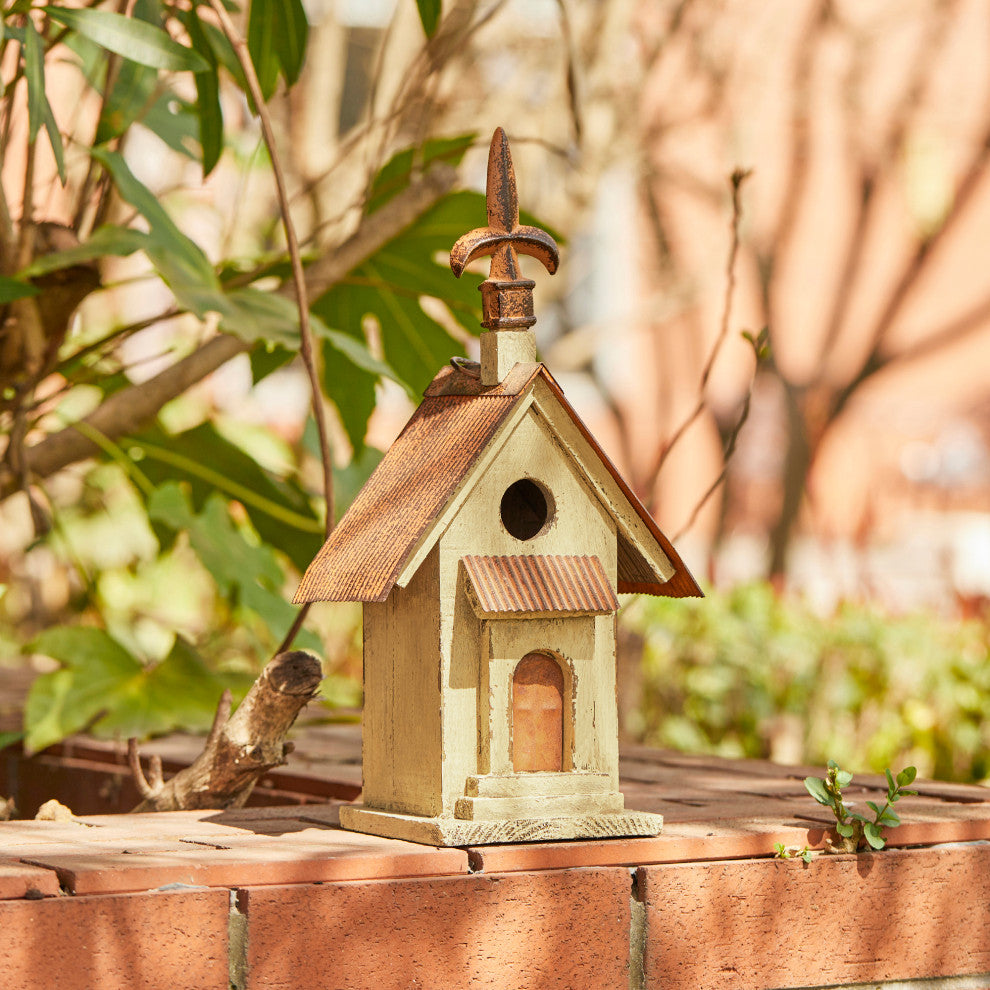 Rustic Garden Wooden Birdhouse, Metal Spear
