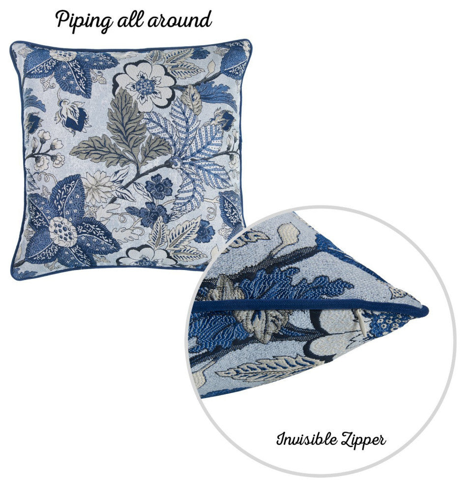 Set Of Four 17'' X 17'' Blue And Beige Floral Polyester Throw Pillow Cover