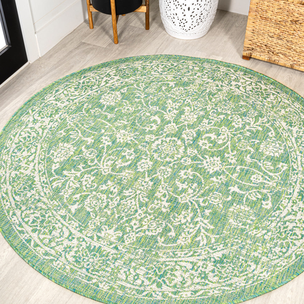 Tela Boho Textured Weave Floral Indoor/Outdoor Rug, Cream/Green, 5' Round