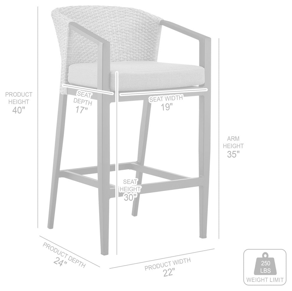 Palma Outdoor Stool, Aluminum & Wicker With Gray Cushions, Bar Height